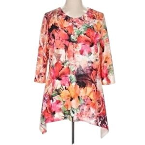Indigo Soul Women’s Vibrant Floral V-Neck Asymmetrical Bejeweled Tunic Top sz XL